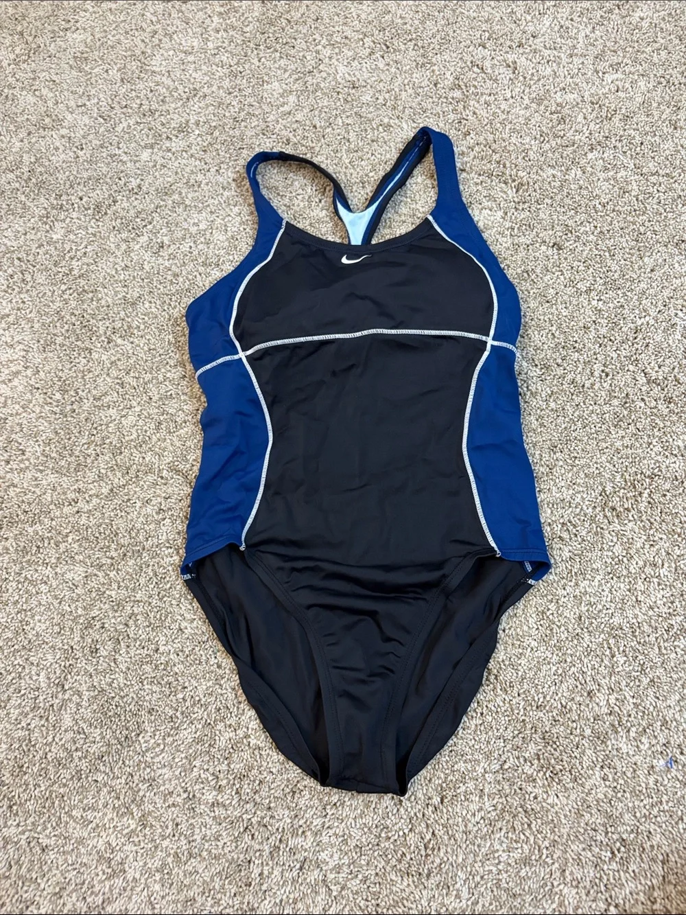 Nike Women's Black and Royal Blue Racerback One-Piece Swimsuit
